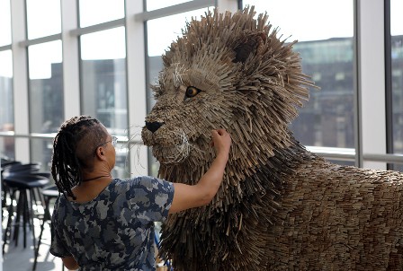 Artist Faith Bebbington has created two lions from waste materials that are on display at Wembley Stadium